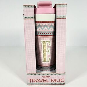 Cerra Ceramic Pink Letter E Travel Mug with Lid 18oz Coffee Tea Cup Travel Mug